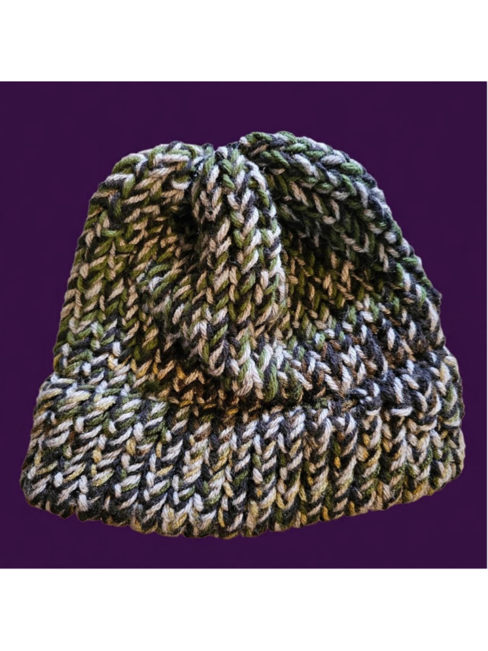 Multi-colored knit beanie with olive green, gray, and white yarn #knitbeanie #wi